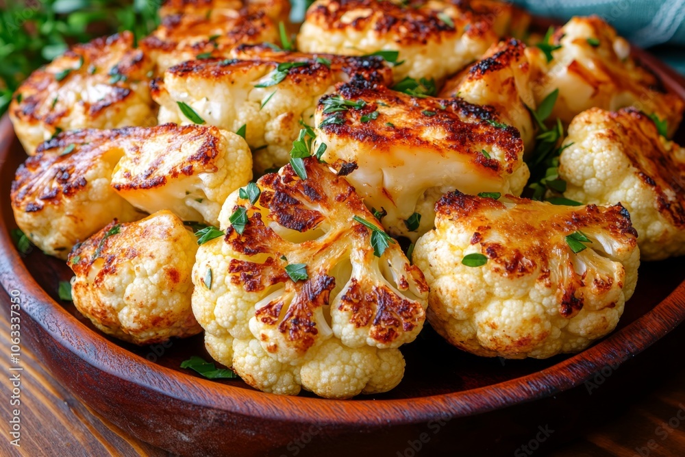 Roasted cauliflower heads with herbs, golden brown with crispy edges, served on a rustic plate Roasted cauliflower heads with herbs, golden brown with crispy edges, served on a rustic plate
