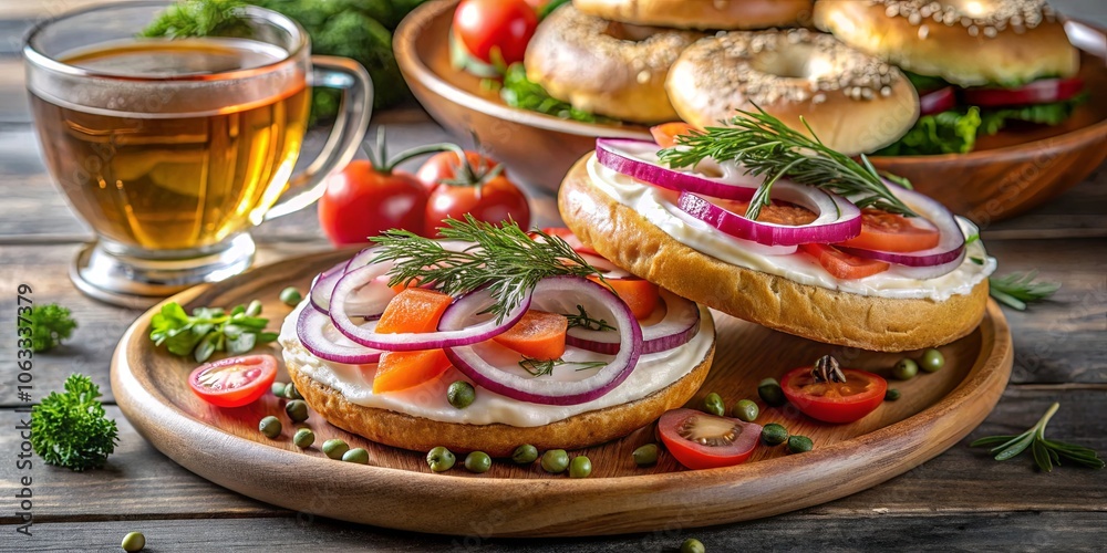 Creamy Spread, Topped with Sliced Tomatoes, Red Onion Rings, and Fresh Dill on a Rustic Wooden Surface Creamy Spread, Topped with Sliced Tomatoes, Red Onion Rings, and Fresh Dill on a Rustic Wooden Surface