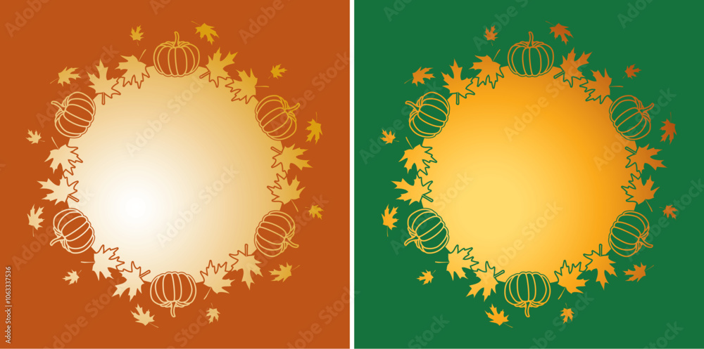 autumn maple leaves and pumpkins. cut out. vector decorative frames on color backgrounds