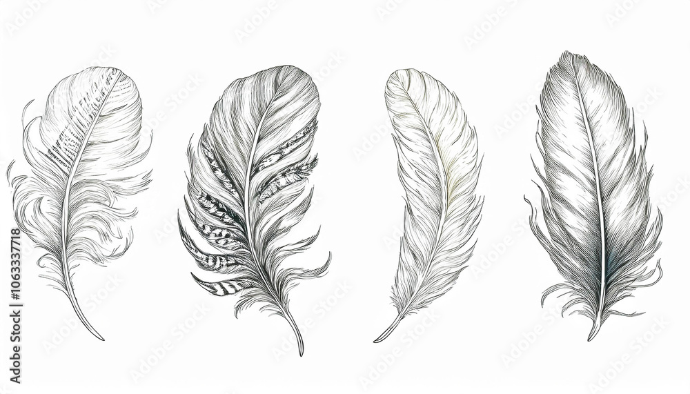 Fototapeta premium Feather icon set. Hand drawn illustration. Doodle sketch.
