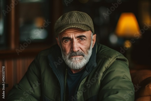 Portrait of an old man with a gray beard in a green jacket and a cap.