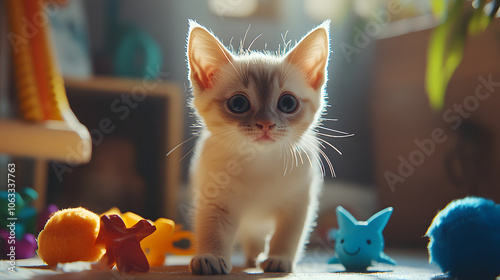 An Adorably Playful Munchkin Cat Surrounded by Colorful Toys in a Cozy Living Room Setting photo