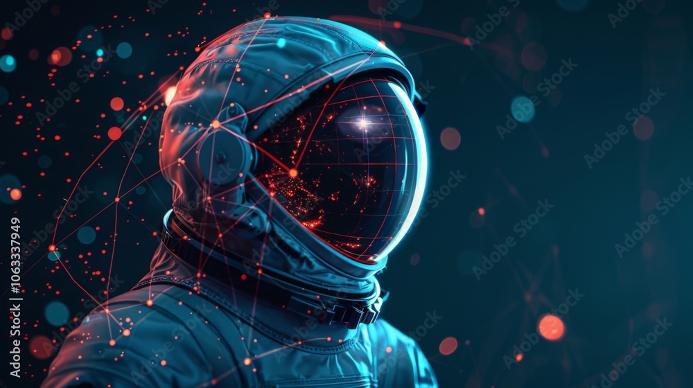 Fototapeta premium This artwork features an astronaut’s head in a close-up view, adorned with colorful abstract graphics that evoke a cosmic ambiance. Generative AI
