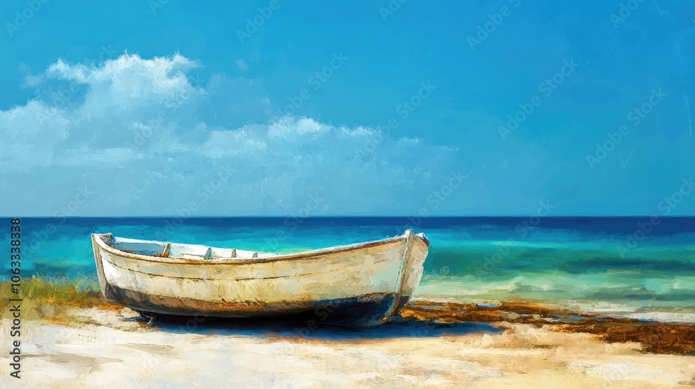 Fishing boat rests on the shore under clear skies, creating a serene scene. The fishing boats colors contrast beautifully with the tranquil Mediterranean backdrop, offering ample copy space. Fishing boat rests on the shore under clear skies, creating a serene scene. The fishing boats colors contrast beautifully with the tranquil Mediterranean backdrop, offering ample copy space.