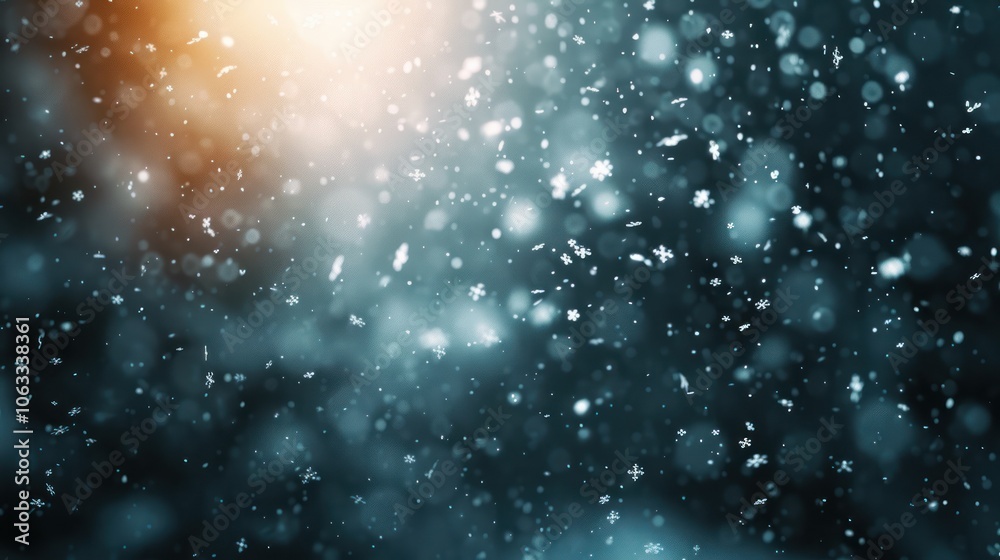 Obraz premium A tranquil scene featuring softly falling snowflakes against a blurred backdrop, creating a serene and dreamy winter atmosphere.