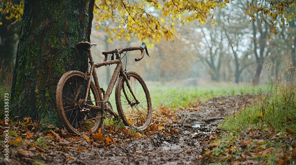 Fototapeta premium Weathered Bicycle Leaning Against Tree in Rustic Autumn Landscape