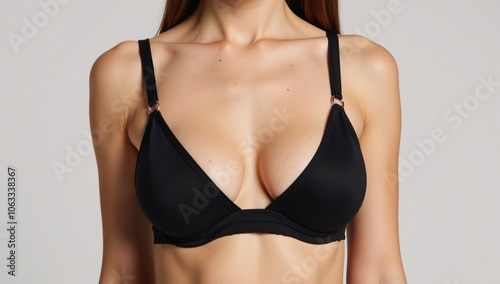 A close-up portrait highlights a plunged bra on a female models torso against an abstract or plain backdrop