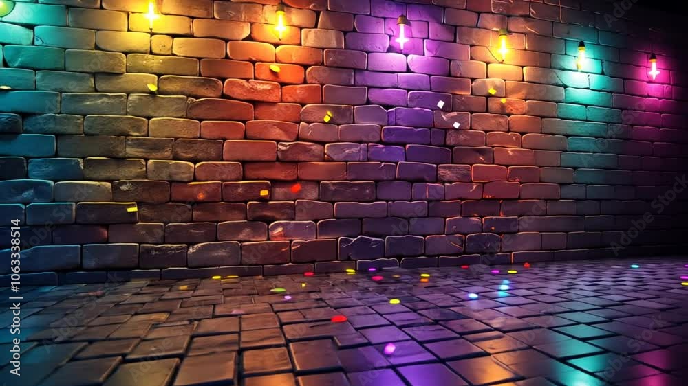A lively party atmosphere is created by a colorful brick wall adorned with bright lights, while confetti decorates the shiny floor, enhancing the festive mood
