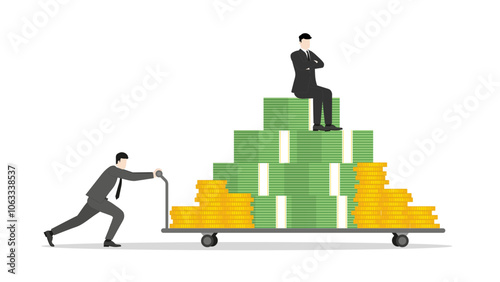 A determined businessman pushing a money trolley with boss sits on top. Financial growth, strategy, and success in investments. An economic ambition and wealth-focused goals for corporate growth