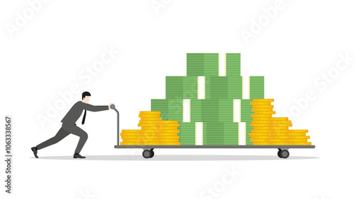 A determined businessman pushing a money trolley. Financial growth, strategy, and success in investments. A powerful depiction of economic ambition and wealth-focused goals for corporate growth