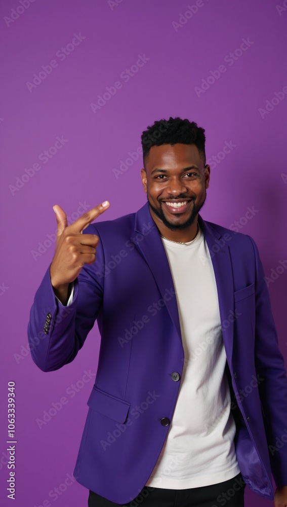 African-American young man smiles and points upward against a vibrant purple backdrop Advertising Wallpaper African-American young man smiles and points upward against a vibrant purple backdrop Advertising Wallpaper