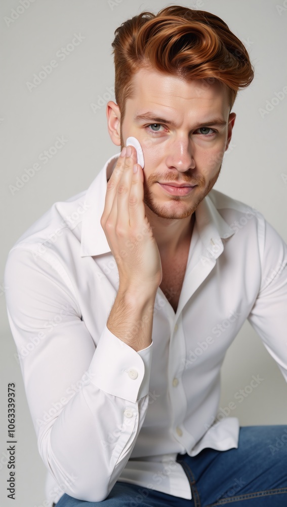 Gay Caucasian man with beautiful red hair follows his skincare routine for clean vibrant complexion Gay Caucasian man with beautiful red hair follows his skincare routine for clean vibrant complexion