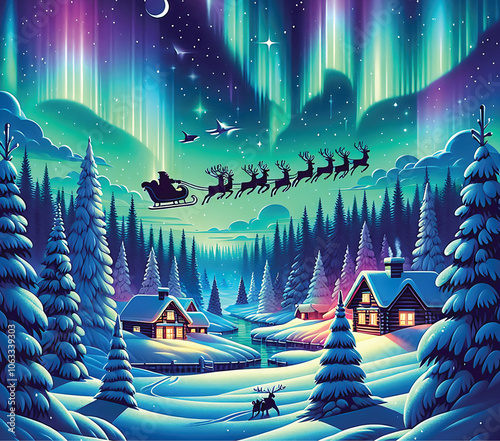 Enchanting Winter Landscape with Santa's Sleigh Flying Under the Northern Lights – Perfect for 20 oz Tumbler Sublimation, Holiday Postcards, Stickers, and Web Use