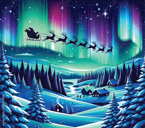 Enchanting Winter Landscape with Santa's Sleigh Flying Under the Northern Lights – Perfect for 20 oz Tumbler Sublimation, Holiday Postcards, Stickers, and Web Use
