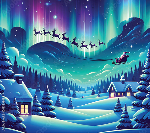 Enchanting Winter Landscape with Santa's Sleigh Flying Under the Northern Lights – Perfect for 20 oz Tumbler Sublimation, Holiday Postcards, Stickers, and Web Use