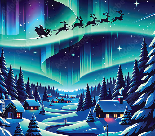Enchanting Winter Landscape with Santa's Sleigh Flying Under the Northern Lights – Perfect for 20 oz Tumbler Sublimation, Holiday Postcards, Stickers, and Web Use