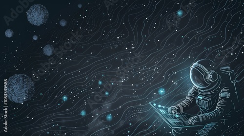 An astronaut collaborates with technology, writing code in the tranquility of space, enveloped by planets and cosmic energy. Generative AI