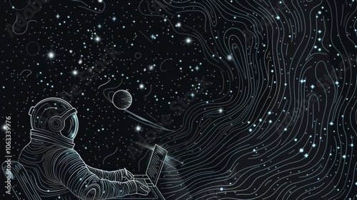 An astronaut types on a laptop in the vastness of space, surrounded by stars and distant planets, immersed in coding. Generative AI photo