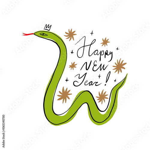 Chinese new year 2025 holiday postcard, year of the Snake. Snake illustration cartoon boho childish drawing. Vector designs with snakes. Lunar new year kids concept, lettering modern vector design