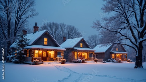 A warm wintery midwest row of houses with snow and cozy holiday decorations