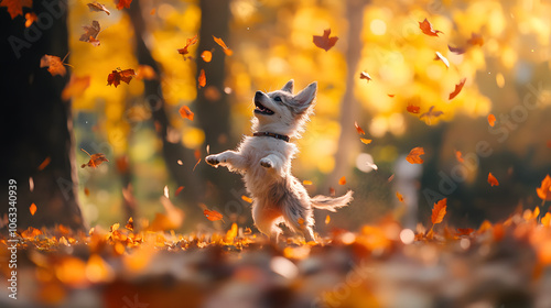 A Joyful L÷wchen Dancing in a Vibrant Autumn Park Surrounded by Falling Leaves photo