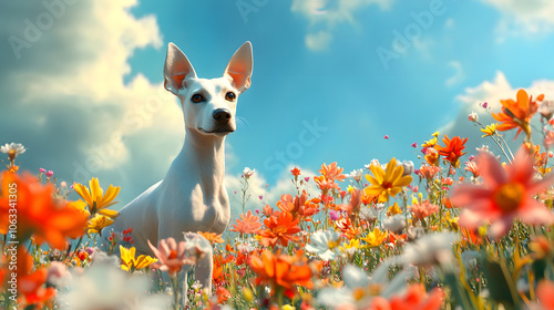 Adventurous Ibizan Hound in a Wildflower Wonderland: Exploring Nature's Playful Colors and Energies photo