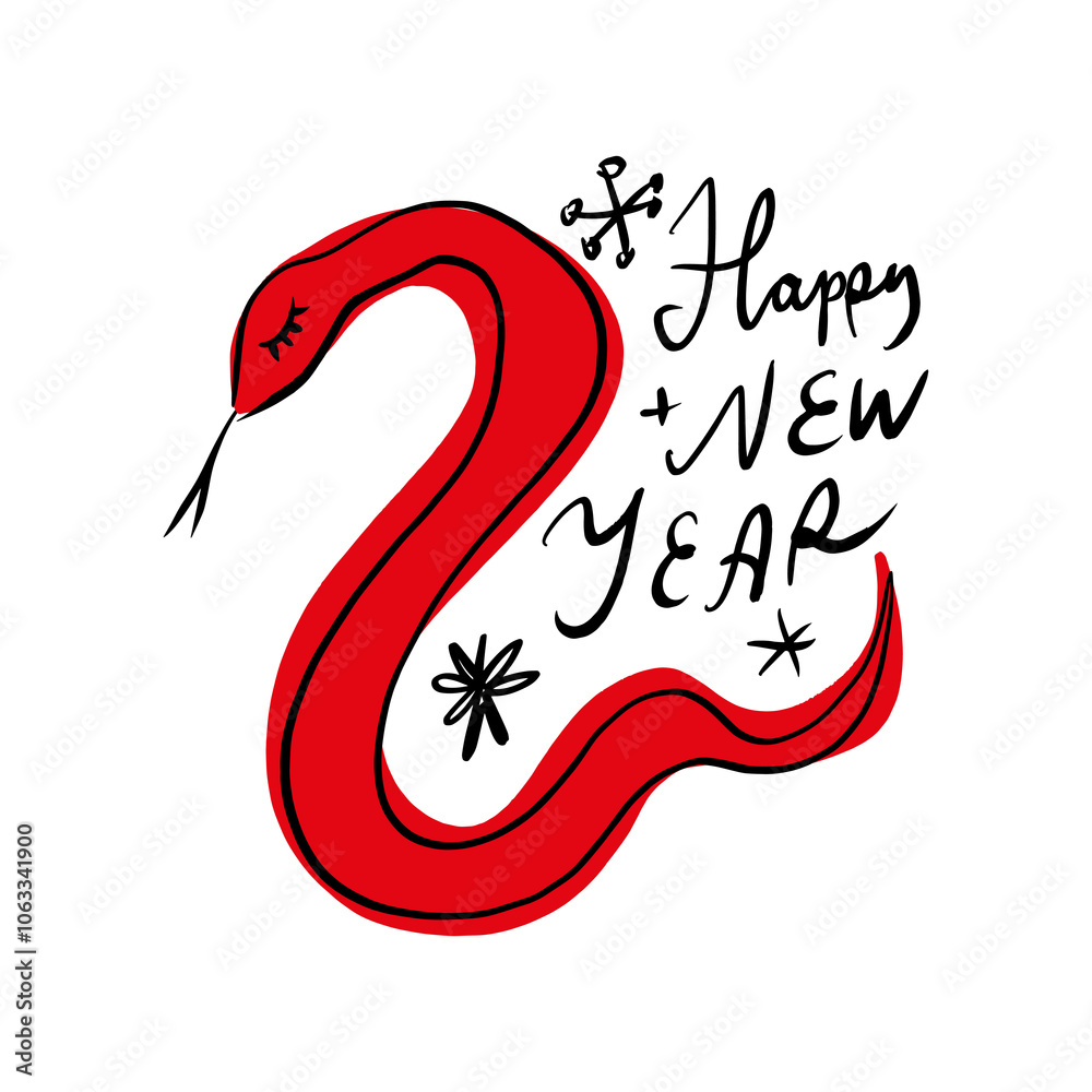 Fototapeta premium Chinese new year 2025 holiday postcard, year of the Red Snake. Snake illustration cartoon boho childish drawing. Vector designs with snakes. Lunar new year kids concept, lettering modern vector design