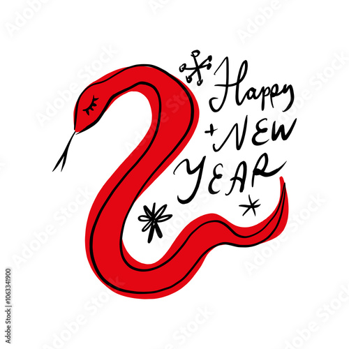 Chinese new year 2025 holiday postcard, year of the Red Snake. Snake illustration cartoon boho childish drawing. Vector designs with snakes. Lunar new year kids concept, lettering modern vector design