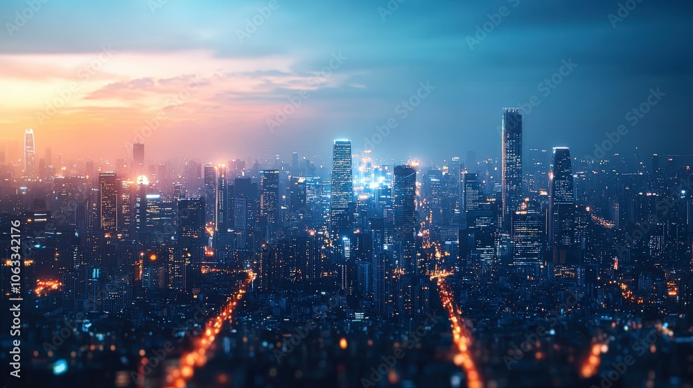 A panoramic view of a city skyline at dusk showcasing brilliant golden and blue lights, representing the bustling urban lifestyle and tranquility of the twilight. A panoramic view of a city skyline at dusk showcasing brilliant golden and blue lights, representing the bustling urban lifestyle and tranquility of the twilight.