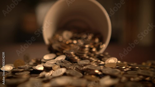 Change cash coins money dropping on table in slow motion