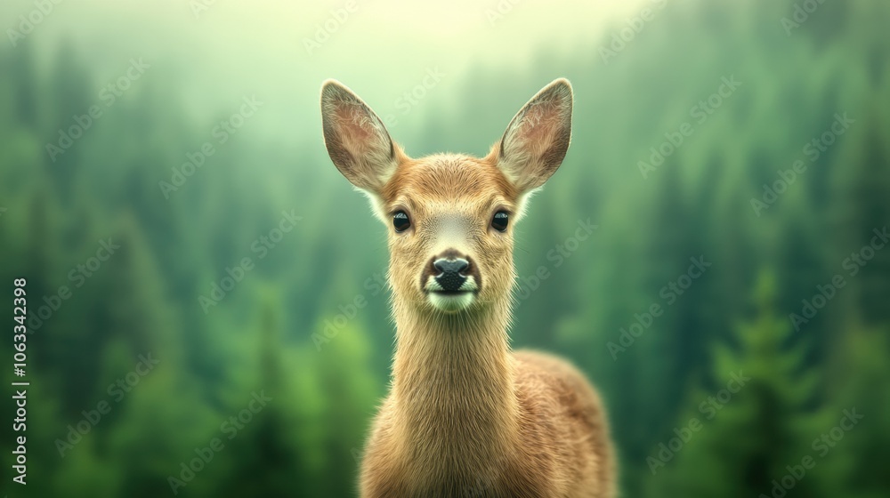 Young deer in a lush forest gazes curiously at the camera, AI Young deer in a lush forest gazes curiously at the camera, AI