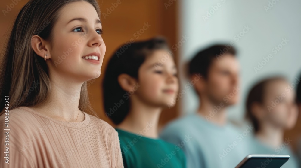 family gathered around a tablet device singing hymns together as they participate in a virtual worship service from the comfort of their living room The scene depicts a cozy intimate family gathered around a tablet device singing hymns together as they participate in a virtual worship service from the comfort of their living room The scene depicts a cozy intimate