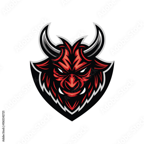 A fearsome, horned bull's head rendered in vibrant red and black, embodying raw power and primal energy.