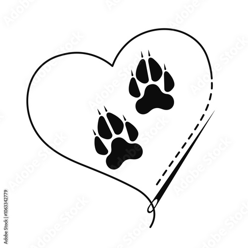 Silhouette of wolf paws and heart. Vector illustration of handmade work with embroidery thread and sewing needle on white background.	