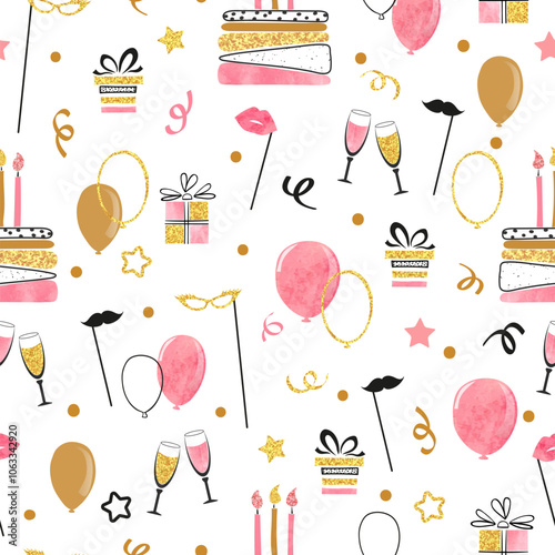 Happy Birthday party seamless pattern in pink and golden colors. Celebration ...