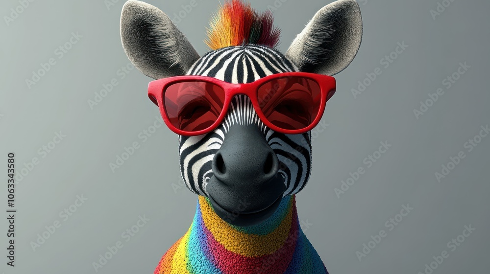 A cartoon zebra with rainbow-colored stripes and red sunglasses on a plain white background. A cartoon zebra with rainbow-colored stripes and red sunglasses on a plain white background.