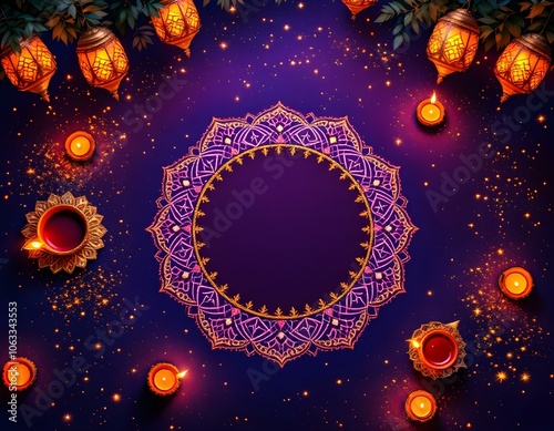 Vibrant Diwali Background with Colorful Rangoli Designs, Floating Lanterns, and Glowing Diyas on Deep Purple Canvas - Perfect for Celebrating the Festival of Lights photo