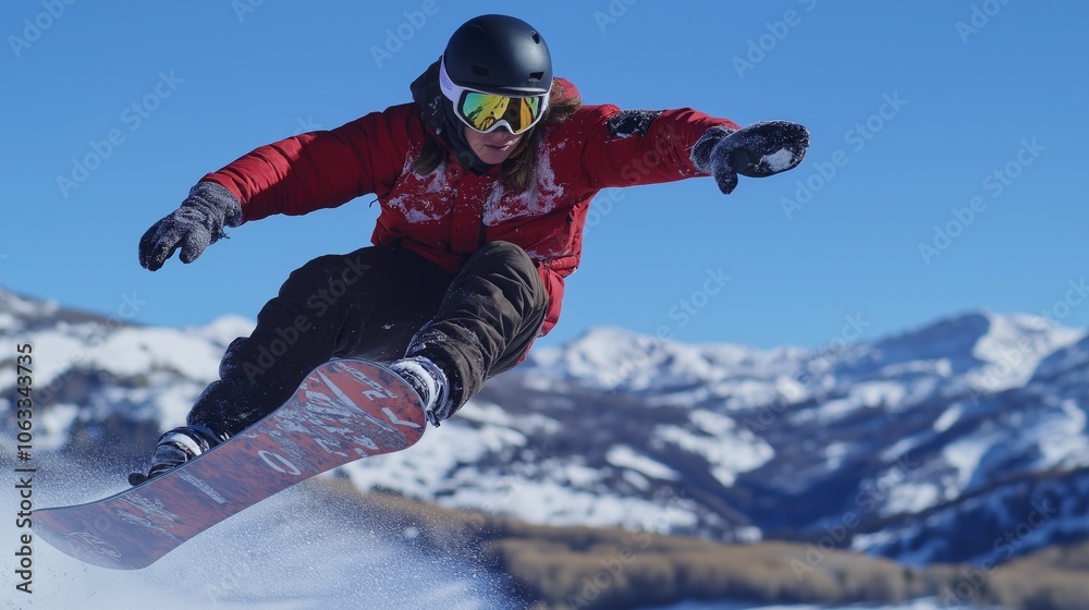 Energetic Snowboarder Performing Jump in Winter Mountains for Active Lifestyle and Winter Sports Energetic Snowboarder Performing Jump in Winter Mountains for Active Lifestyle and Winter Sports