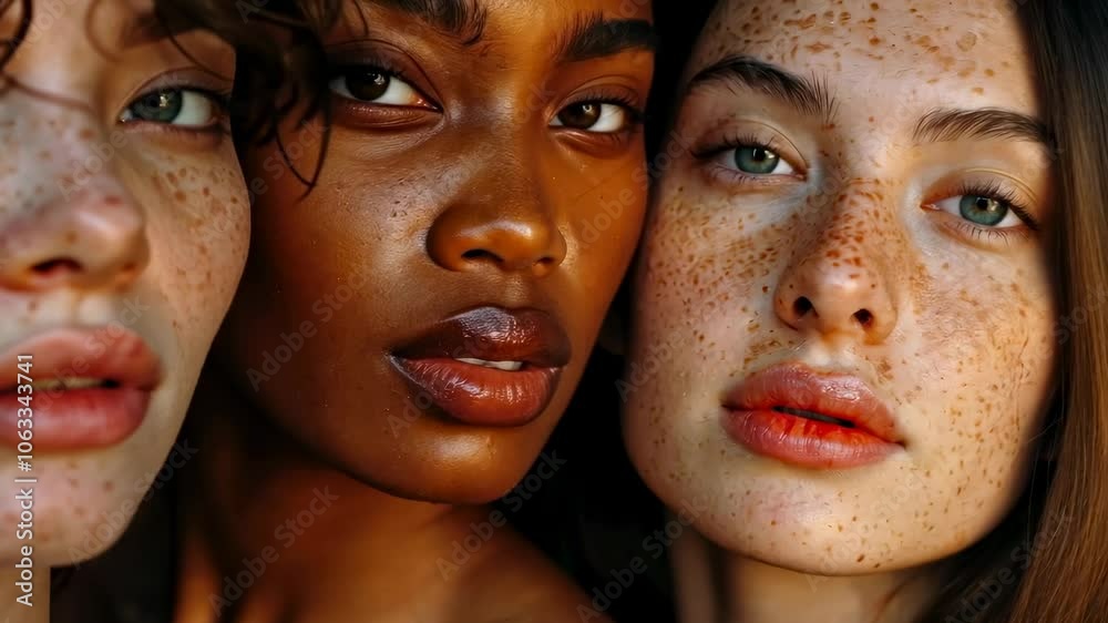 A close-up beauty shot of three models looking at the camera. A fashion shoot with three beautiful young women. A contrast of skin tones and freckles on faces. A close-up beauty shot of three models looking at the camera. A fashion shoot with three beautiful young women. A contrast of skin tones and freckles on faces.