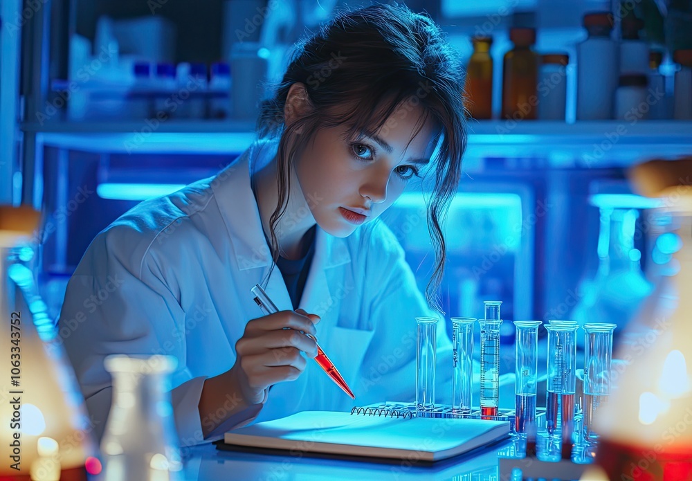 A female scientist is working in a laboratory, holding a test tube filled with a red liquid and writing notes in a notebook. A female scientist is working in a laboratory, holding a test tube filled with a red liquid and writing notes in a notebook.