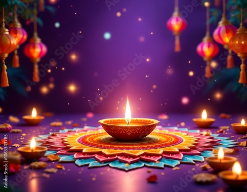 Vibrant Diwali Celebration Scene with Rich Purple Backdrop, Intricate Multicolored Rangoli Patterns, Traditional Oil Lamps, and Decorative Lanterns