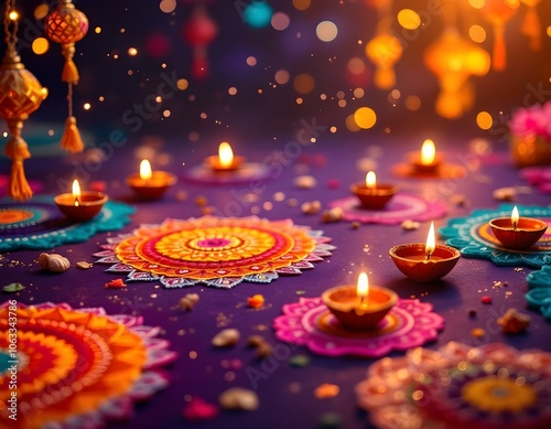 Vibrant Diwali Celebration Scene with Rich Purple Backdrop, Intricate Multicolored Rangoli Patterns, Traditional Oil Lamps, and Decorative Lanterns photo