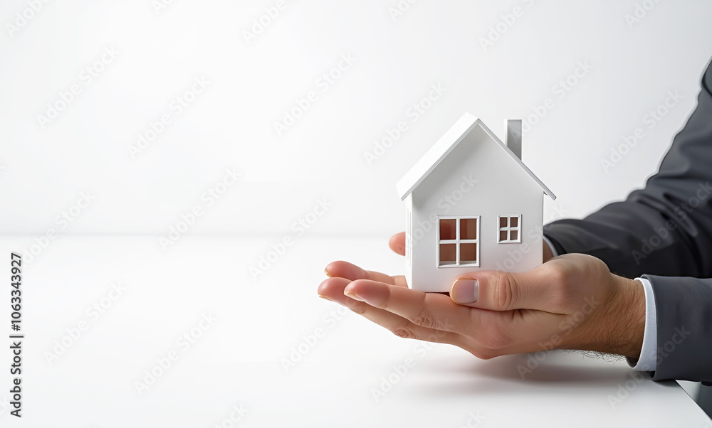 Male hands holding a small model of a house symbolising the purchase of a new home, family, stability and dreams. space for text. Male hands holding a small model of a house symbolising the purchase of a new home, family, stability and dreams. space for text.
