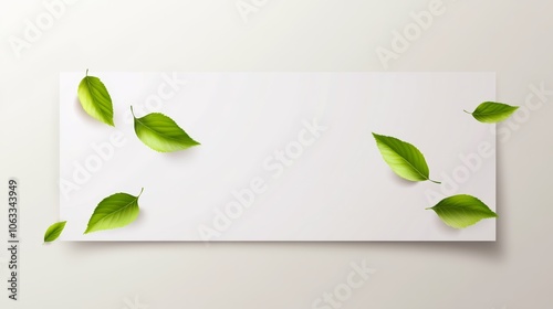 A long white banner with green leaves blowing in the wind. One leaf is falling down. The design is perfect for eco-friendly products, like cosmetics or tea, and has a fresh, natural feel.