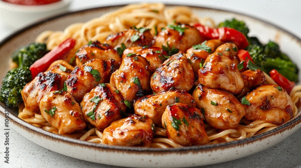 a plate of stir-fried chicken with noodles and vegetables a plate of stir-fried chicken with noodles and vegetables