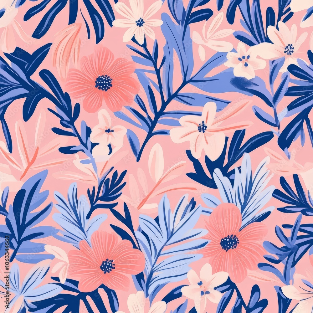 A vibrant floral pattern featuring pink and blue flowers and leaves. A vibrant floral pattern featuring pink and blue flowers and leaves.