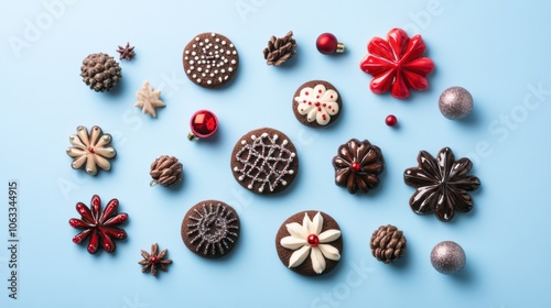 Beautiful cookies assorted close-up. background horizontal top view, lay flat. Blue background. 