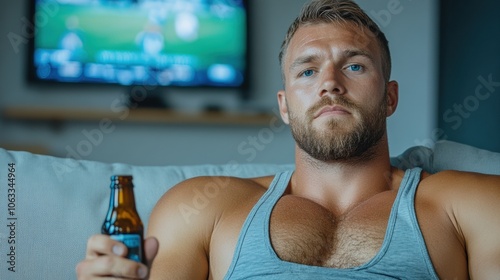 Man relaxing on a couch with a beer, watching TV in a casual setting, AI