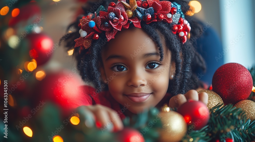 A young child adorned with a red knit hat decorated with Christmas ornaments looks warmly at the camera, surrounded by holiday decorations.