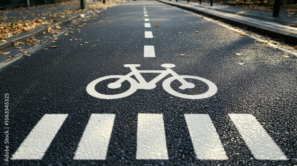 Fototapeta premium A minimalistic view of a bicycle lane marked with a bike symbol and white dashed lines on a paved road covered with autumn leaves